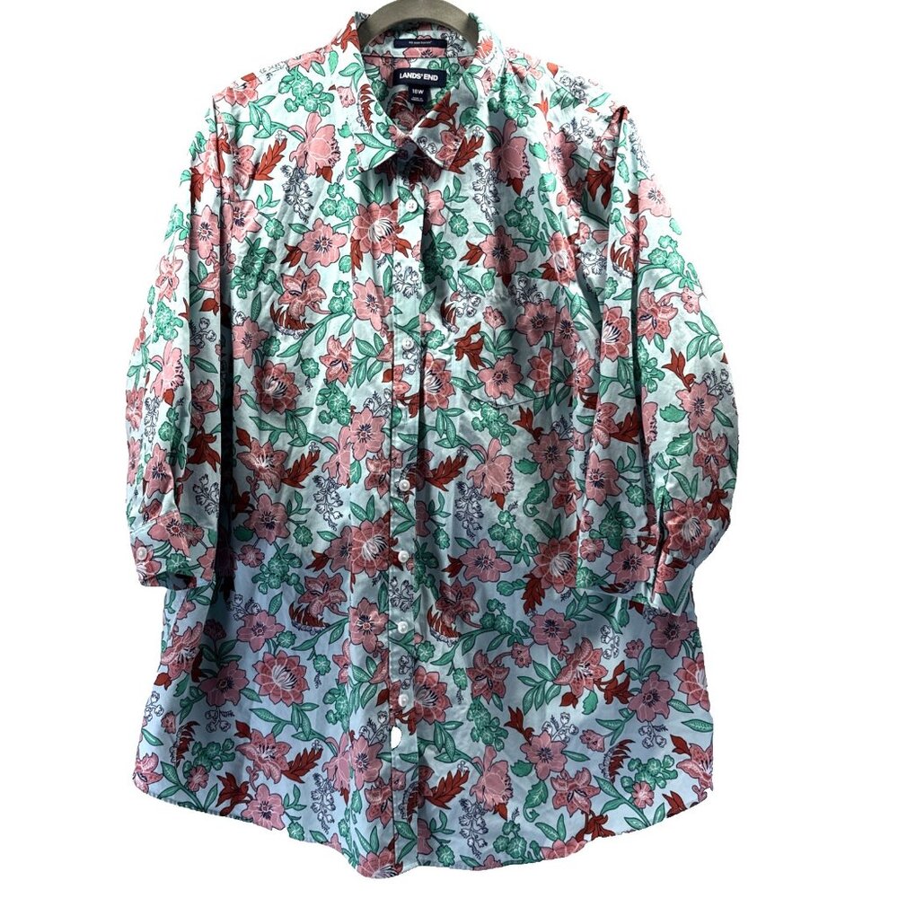 Lands End Women's Blouse Top 18W Button Up Tropical Floral‎ Green Pink Cotton